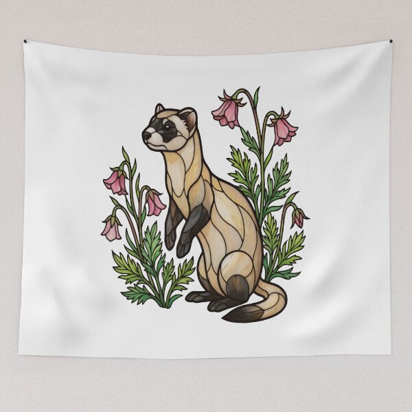 Item preview, Stained Glass Ferret and Pink Bell Flowers Botanical Art designed and sold by Vitreous-Fauna.