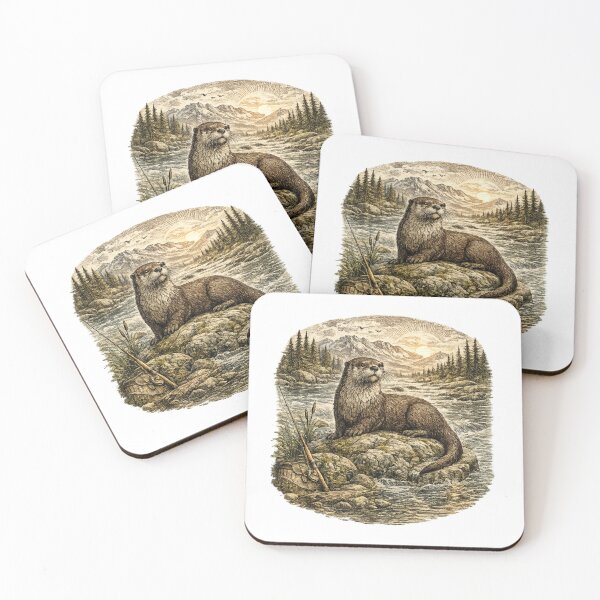 Item preview, River Otter Vintage Wildlife Landscape Illustration designed and sold by PawverseDesigns.