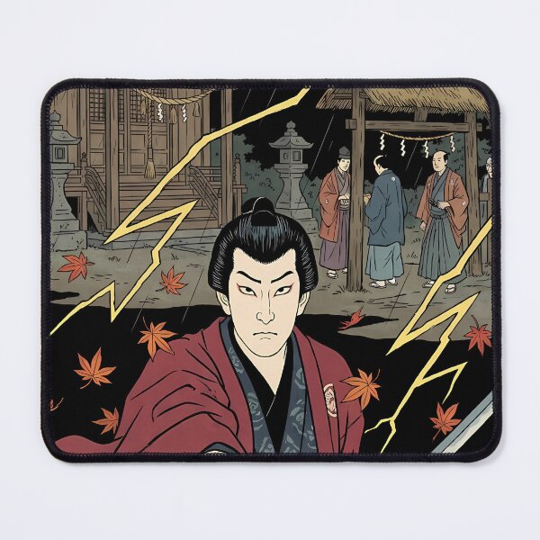 Item preview, Samurai Drawing Katana Sword in Lightning Storm at Shinto Shrine - Ukiyo-e Art designed and sold by TokyoUkiyoHouse.