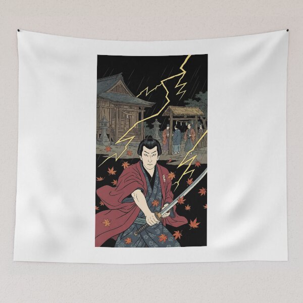 Item preview, Samurai Drawing Katana Sword in Lightning Storm at Shinto Shrine - Ukiyo-e Art designed and sold by TokyoUkiyoHouse.