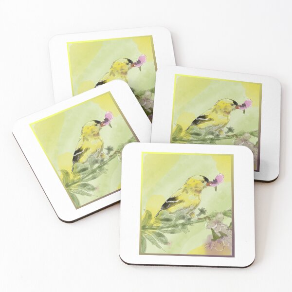 Item preview, American Goldfinch with Pink Blossom Watercolor designed and sold by AlcheArtsStudio.