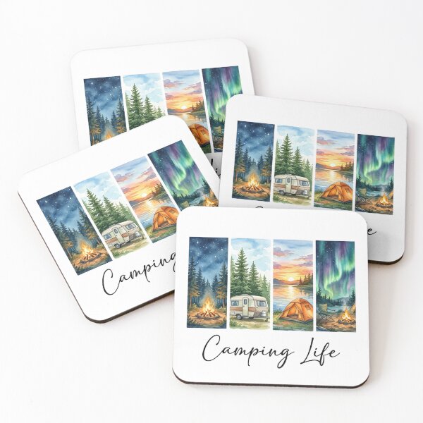 Item preview, Camping Life Watercolor Panels Retro Camper Tent Sunset Northern Lights designed and sold by PACS0011.