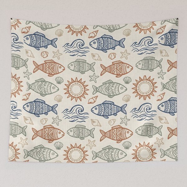 Item preview, Traditional Nautical Pattern Fish and Waves Print designed and sold by SplashTastic.