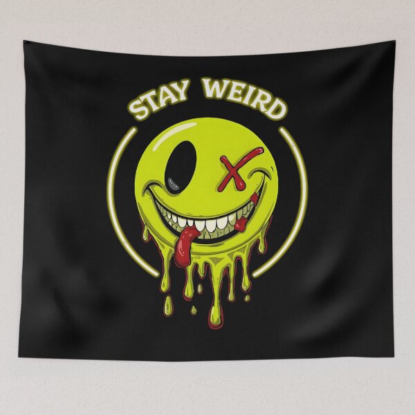 Aperçu de l'œuvre T-shirt « Stay Weird » avec smiley d'horreur, PNG de sourire fondant inquiétant, design d'autocollant esthétique gothique Y2K, t-shirt graphique à l'humour noir créée et vendue par PrintelloTH.