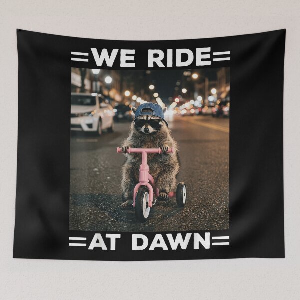 Item preview, We Ride At Dawn Funny Raccoon On Pink Tricycle Night Street designed and sold by EricCotanori.