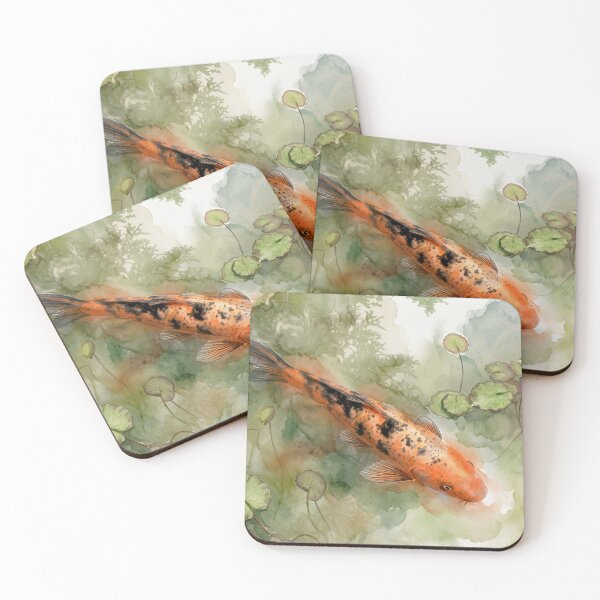 Aperçu de l'œuvre Poissons koï dans un bassin de jardin japonais — Aquarelle aquatique créée et vendue par M.ALK.Watercolor.