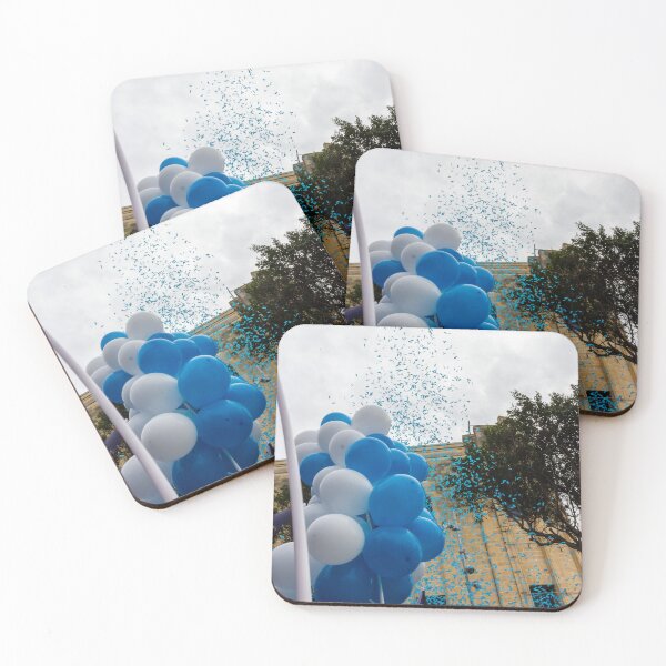 Item preview, Blue and White Balloons and Confetti Celebration Outside Historic Building During Street Festival Parade designed and sold by Nmallia.