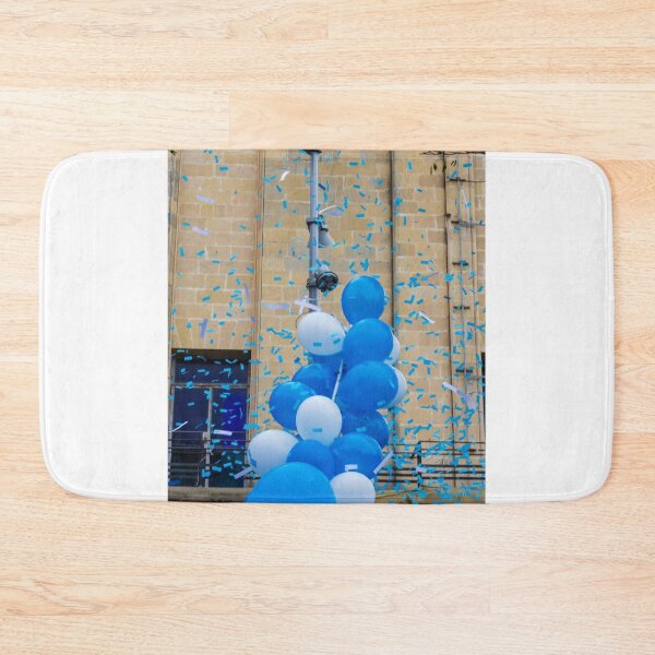 Item preview,  Blue and White Balloons and Confetti Celebration Outside Historic Building During Street Festival Parade designed and sold by Nmallia.