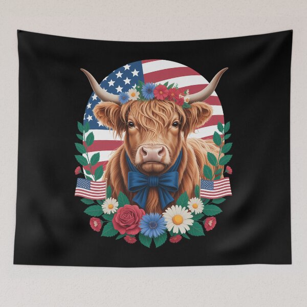 Item preview, Cute Highland Cow Florals 4th of July USA Flag Patriotic Cow designed and sold by sailorjessiArt.