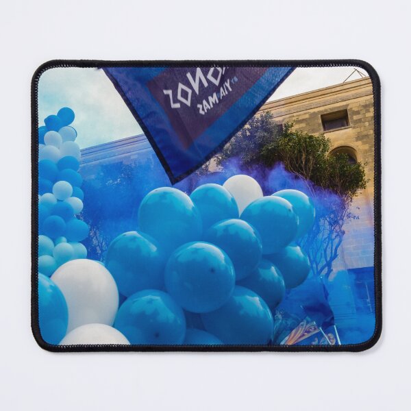 Item preview, Blue and White Balloons and Confetti Celebration Outside Historic Building During Street Festival Parade designed and sold by Nmallia.