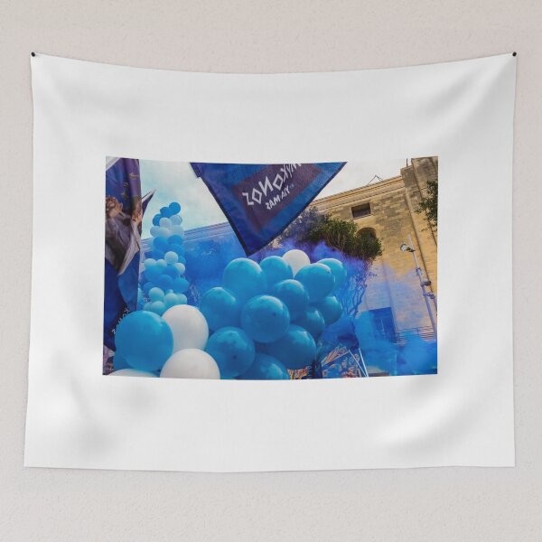 Item preview,  Blue and White Balloons and Confetti Celebration Outside Historic Building During Street Festival Parade designed and sold by Nmallia.