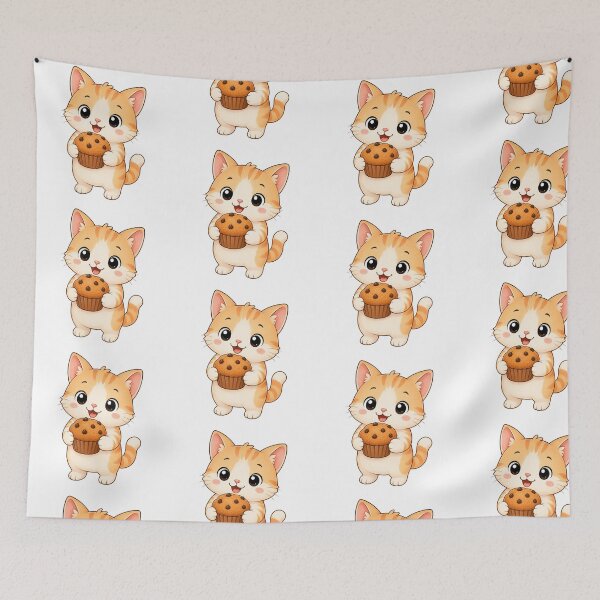 Item preview, Cute Cat Eating Chocolate Chip Muffin Bakery Illustration designed and sold by Seculinator.