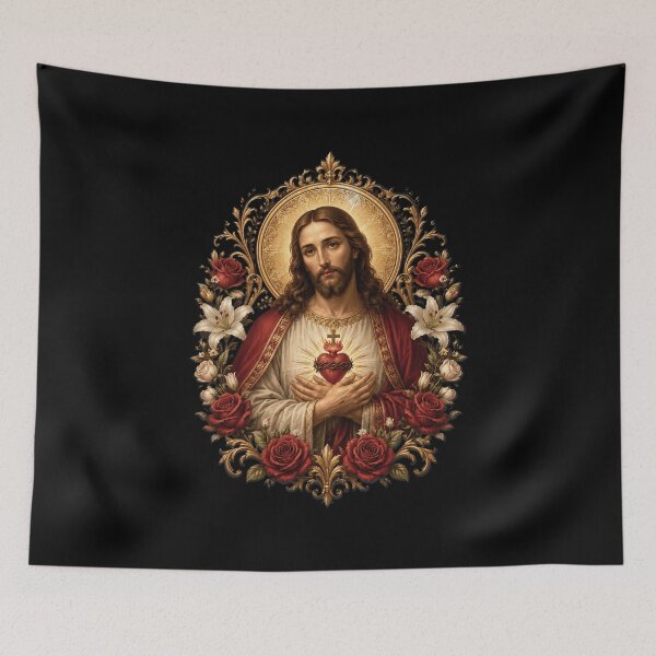 Item preview, Sacred Jesus Heart Floral Catholic Devotional Icon Art Faith designed and sold by OlakunleOloroz.