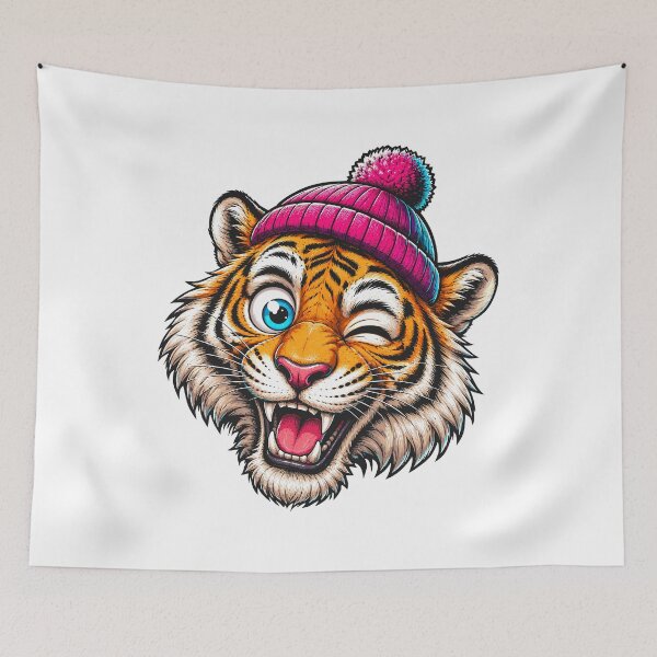 Item preview, Funny Winking Tiger Wearing Pink Beanie Cartoon designed and sold by Krincydigitalart.