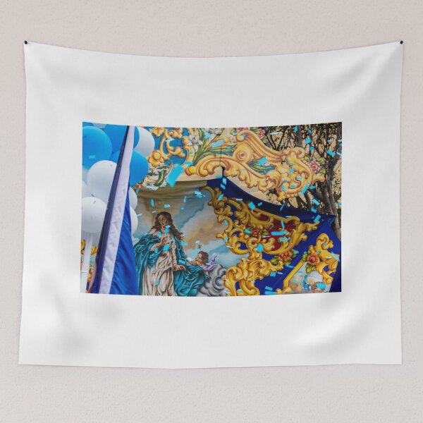 Item preview, Religious Procession Float Featuring Madonna Mural With Blue Balloons Gold Ornate Banner And Confetti designed and sold by Nmallia.
