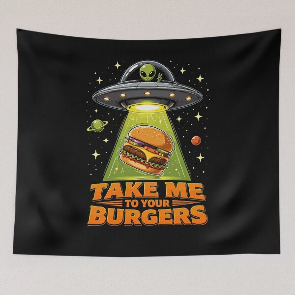 Item preview, Take Me to Your Burgers Funny Alien UFO Food Pun designed and sold by JasKei-Designs.