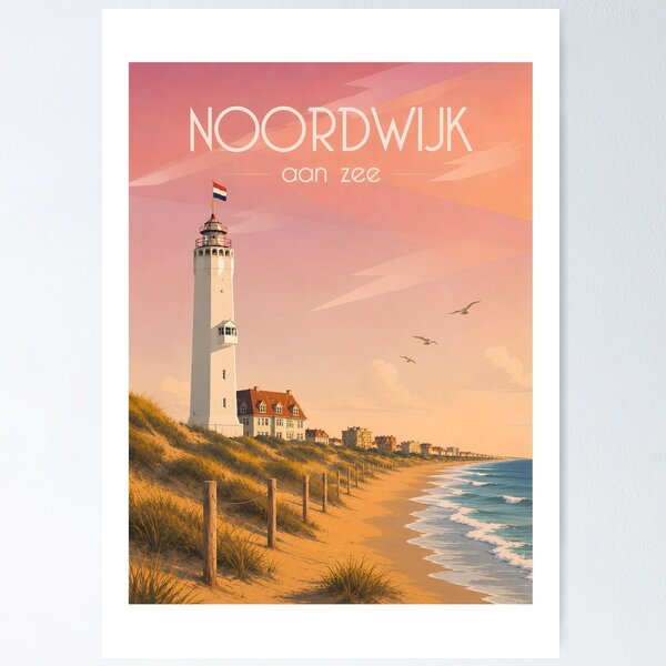 Item preview, Noordwijk Beach Lighthouse Vintage Travel Poster | Noordwijk aan Zee, Netherlands Coastal Wall Art designed and sold by EM DESIGN STUDIO.