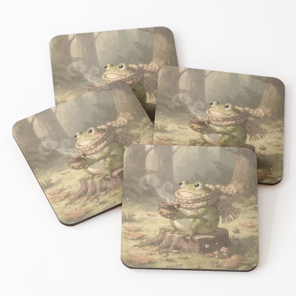Item preview, Frog in a Knitted Scarf with Acorn Coffee Cottagecore Art designed and sold by PictorialWhimsy.