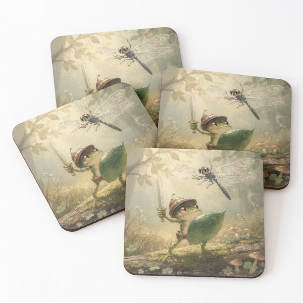 Item preview, Tiny Frog Knight Faces a Dragonfly Funny Cottagecore Art designed and sold by PictorialWhimsy.