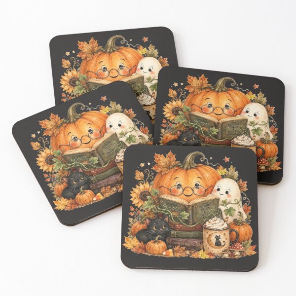 Item preview, Cozy Halloween Book Lover Pumpkin Ghost Black Cat Autumn Reading Vintage Watercolor designed and sold by tamdevo1.