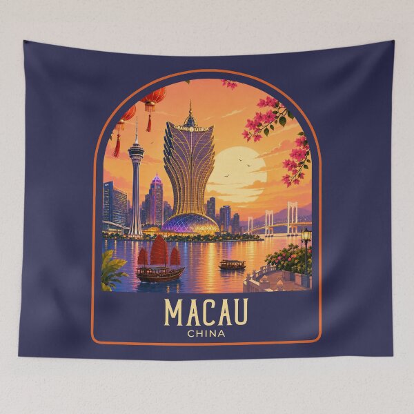 Item preview, Macau Vintage Travel Illustration designed and sold by HomeLivingCo.