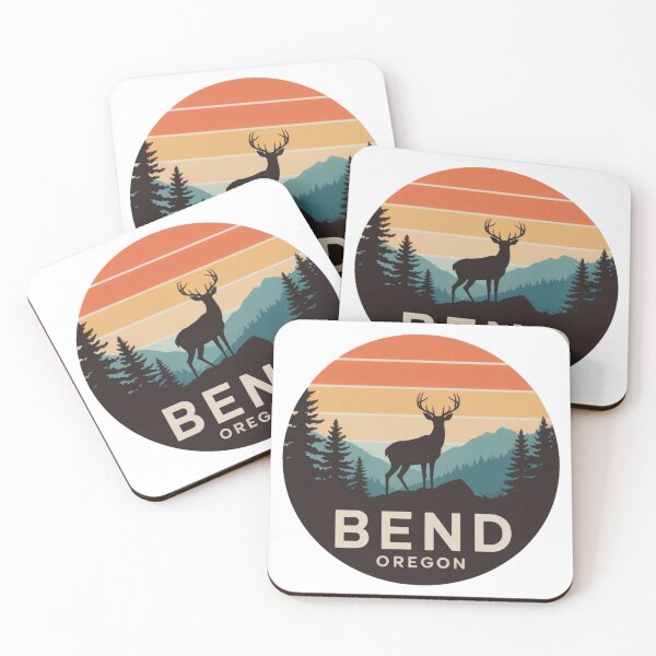 Item preview, Bend Oregon: Deer & Pines Retro Mountain Sunset Badge designed and sold by CircinusStore.