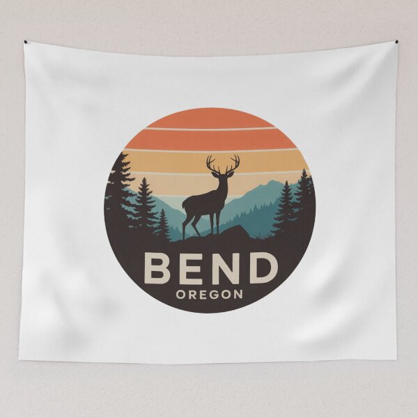 Item preview, Bend Oregon: Deer & Pines Retro Mountain Sunset Badge designed and sold by CircinusStore.