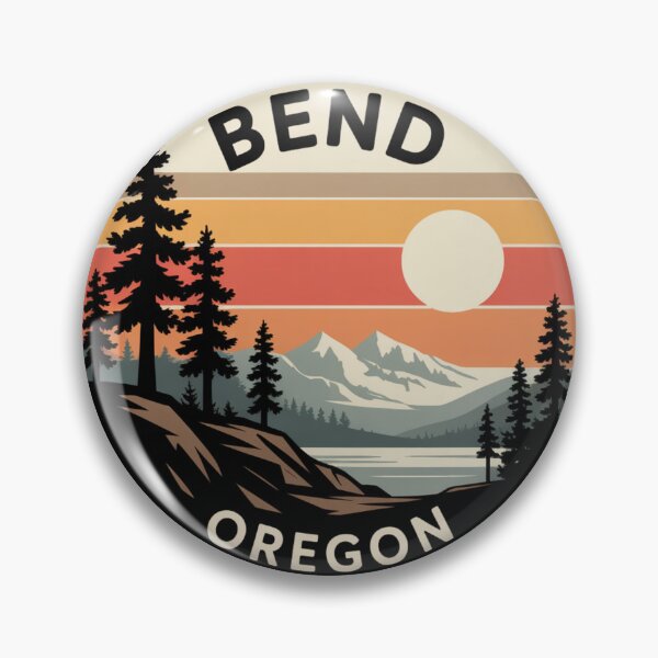 Item preview, Bend Oregon: Pines, Lake & Snowy Peaks Retro Sunset Badge designed and sold by CircinusStore.