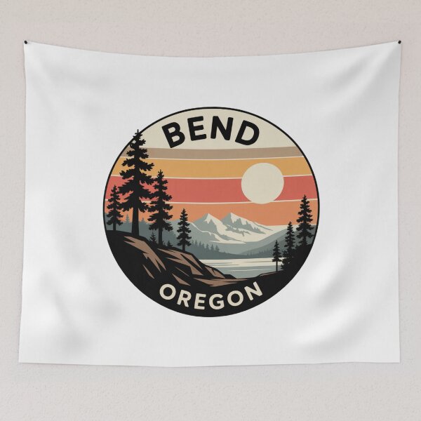 Item preview, Bend Oregon: Pines, Lake & Snowy Peaks Retro Sunset Badge designed and sold by CircinusStore.