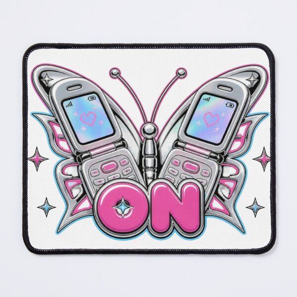 Item preview, Y2K Chrome Metallic Butterfly Flip Phone Wings Baby Tee - Holographic 'ON' Logo designed and sold by The Curio Cabinet.