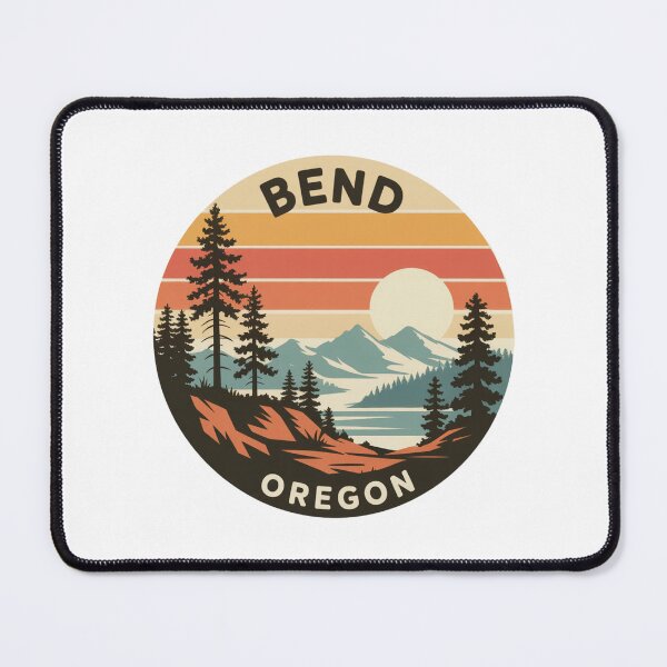 Item preview, Bend Oregon: Pines, Lake & Mountain Retro Sunset Badge designed and sold by CircinusStore.
