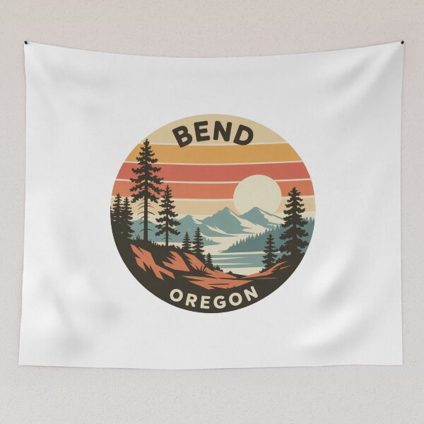 Item preview, Bend Oregon: Pines, Lake & Mountain Retro Sunset Badge designed and sold by CircinusStore.