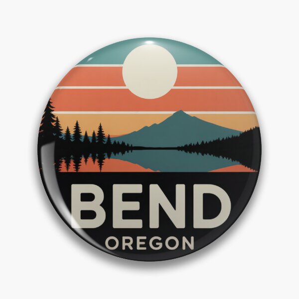 Item preview, Bend Oregon: Mountain Reflection & Pines Retro Sunset Badge designed and sold by CircinusStore.