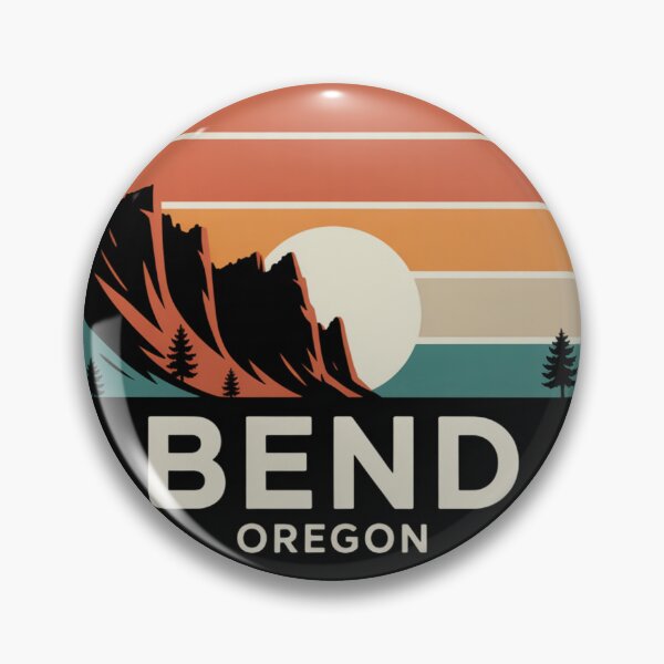 Item preview, Bend Oregon: Pines & Mountain Retro Sunset Badge designed and sold by CircinusStore.