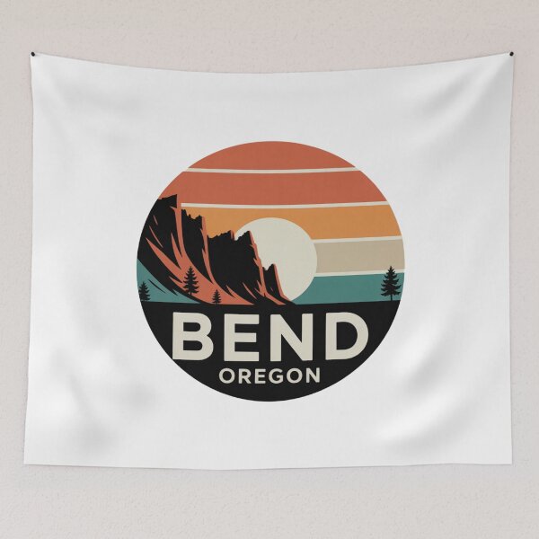 Item preview, Bend Oregon: Pines & Mountain Retro Sunset Badge designed and sold by CircinusStore.