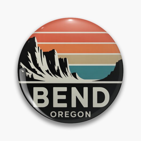 Item preview, Bend Oregon: Pines & Mountain Retro Sunset Badge designed and sold by CircinusStore.