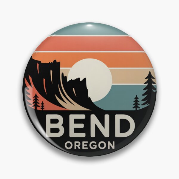 Item preview, Bend Oregon: Cliffside Pines & Mountain Retro Sunset Badge designed and sold by CircinusStore.