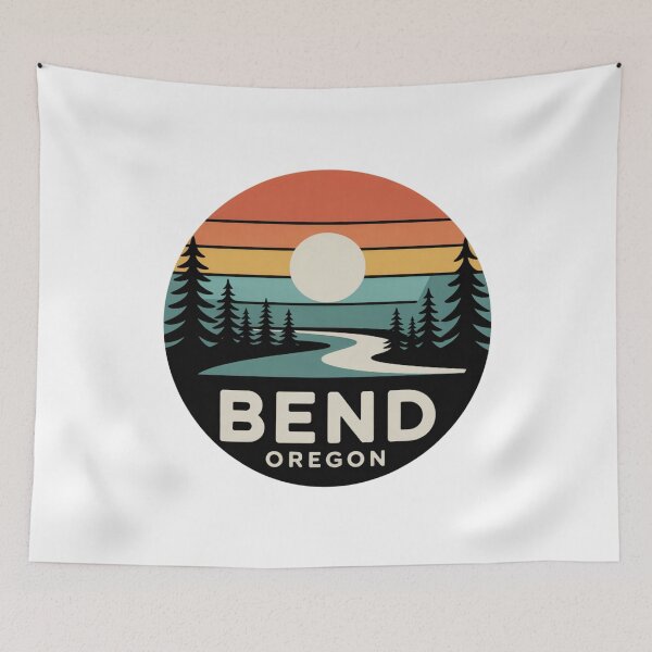 Item preview, Bend Oregon: River Trail & Pines Retro Sunset Badge designed and sold by CircinusStore.