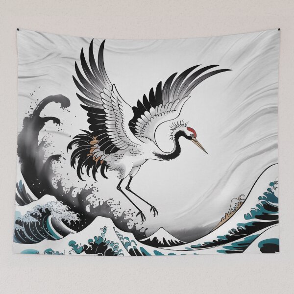 Item preview, Dynamic Crane & Great Wave – Japanese Sumi-e Ink Zen Wall Art designed and sold by Tamas Das.