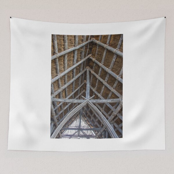 Item preview, Thatched Roof Interior With Wooden Beams, Rafters and Rope Ties in Rustic Traditional Construction designed and sold by Nmallia.