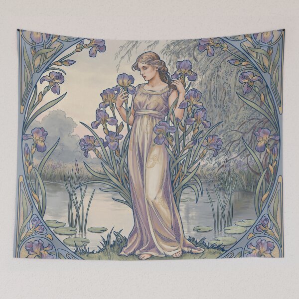 Item preview, Art Nouveau Iris Lady Wall Art Inspired by Mucha – Elegant Belle Époque Floral Decorative Print designed and sold by Tamas Das.