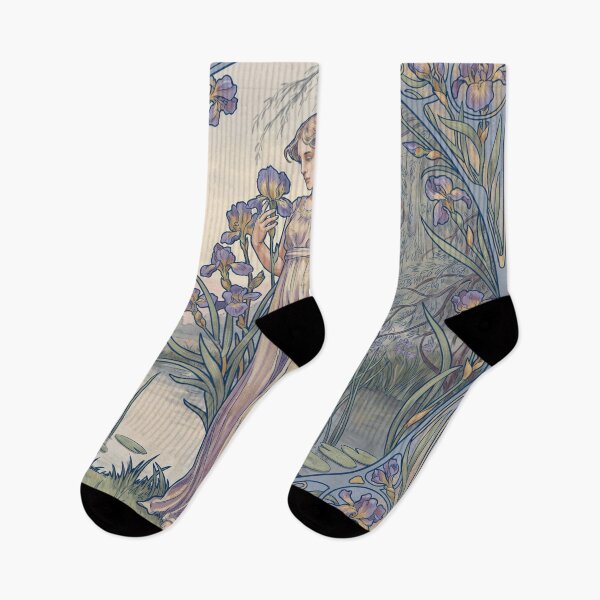 Item preview, Art Nouveau Iris Lady Wall Art Inspired by Mucha – Elegant Belle Époque Floral Decorative Print designed and sold by Tamas Das.
