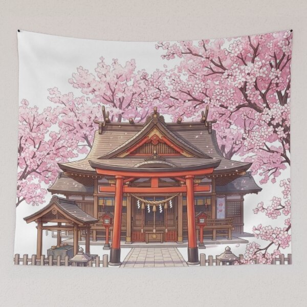 Item preview, Cherry Blossoms and Traditional Japanese Shrine Illustration designed and sold by vekotpu.