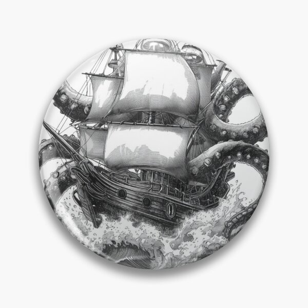 Item preview, Kraken Attacking Ship Octopus Pirate Ship Black and White Illustration designed and sold by redblink store.