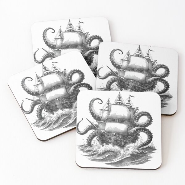 Item preview, Kraken Attacking Ship Octopus Pirate Ship Black and White Illustration designed and sold by redblink store.