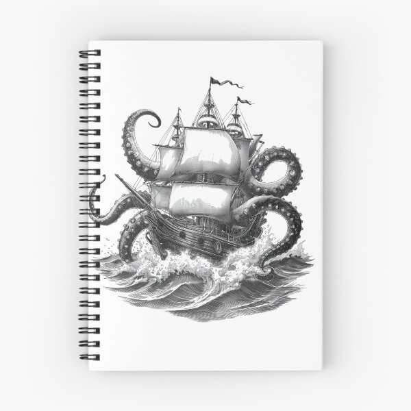 Item preview, Kraken Attacking Ship Octopus Pirate Ship Black and White Illustration designed and sold by redblink store.