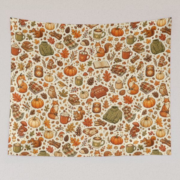 Item preview, Cottagecore Fall Forest Animal Pattern – Vintage Pumpkins & Leaves designed and sold by OpenDreamArts.