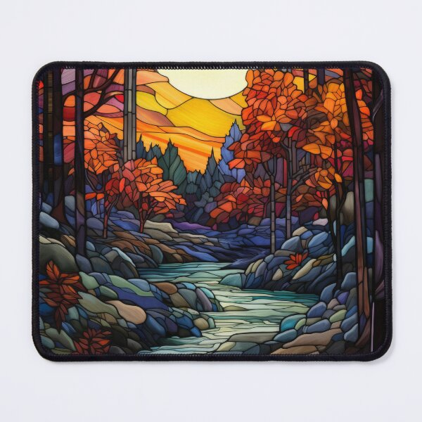 Item preview, Autumn Forest Stained Glass Window with Mountain Stream designed and sold by pinkal.