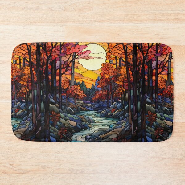 Item preview, Autumn Forest Stained Glass Window with Mountain Stream designed and sold by pinkal.