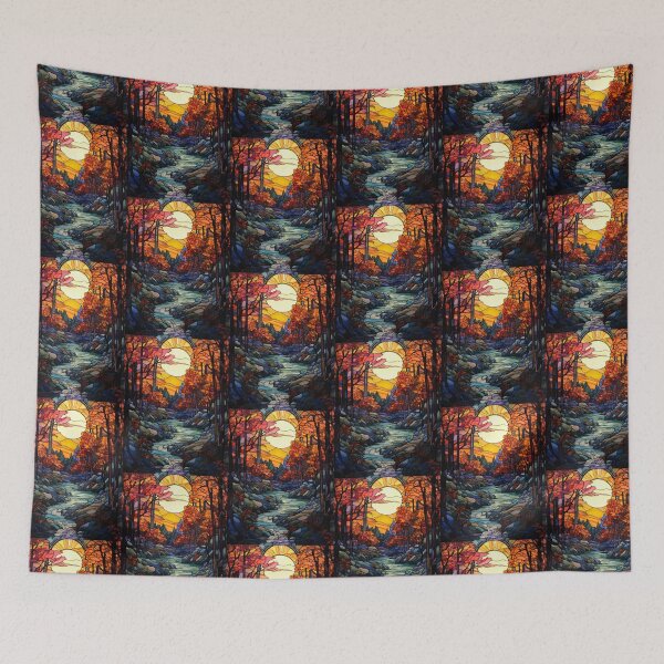 Item preview, Autumn Forest Stained Glass Window with Mountain Stream designed and sold by pinkal.